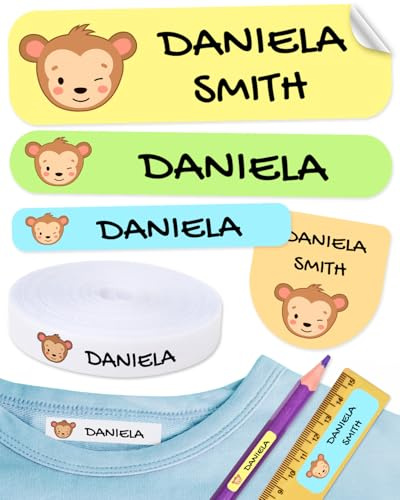Pacchetto di 155 etichette personalizzate per contrassegnare abiti e oggetti. 100 Etichette di tessuto termoadesivo + 55 Etichette adesive in vinile. Mod: Animali
