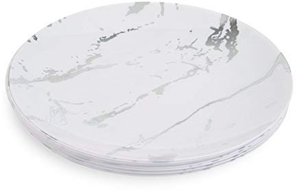Lot de 10 assiettes à salade réutilisables en plastique rigide blanc et argenté ~ Motif marbre – Idéales pour les mariages et les fêtes (assiettes de 20,3 cm)