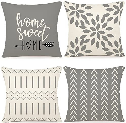 YCOLL Kissenbezug 40x40 4er Set Leinen Dekokissen Kissenbezüge Outdoor Kissen Sofakissen für Sofa Schlafzimmer Gartenbett 40x40cm, Grau Druck