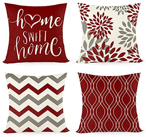 Joyshare Kissenbezug 45x45 4er Set,Dekorative Sofakissen Kissenbezüge Leinen,Home Sweet Home Rot Kissenhülle mit Verstecktem Reissverschluss,45×45cm Rot