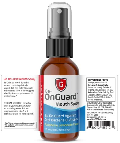 BE-Onguard Best365Labs Mouth Spray | Supports Oral Hygiene & Fresh Breath | Nano Silver & C Complex | Convenient Travel Size | Raspberry Lemonade Flavor | 150 Sprays