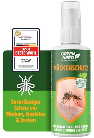 Green Hero Mückenspray schützt zuverlässig vor Stechmücken, Moskitos & Zecken 100ml Mückenschutz mit dem gut duftendem Wirkstoff EC-Öl, geeignet für Erwachsene und Kinder ab dem 6. Monat