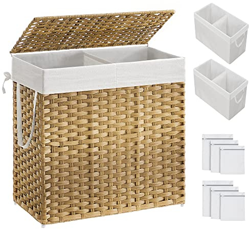 SONGMICS Laundry Hamper with Lid, 130L Clothes Hamper with 2 Removable Liner Bags, 6 Mesh Bags, Wicker Laundry Basket, Double Laundry Hamper for Bathroom, 13 x 26 x 23.6 Inches, Natural ULCB253N01