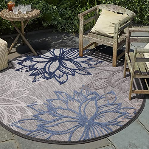 Impression Outdoor Teppich Wetterfest - Balkon Teppich Wasserabweisend - Grau-Blau, 120 cm Rund