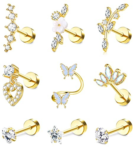 Adramata 9 Piezas 16G Piercing Oreja para Mujer Acero Quirúrgico Pendientes Set Concha Tragus Pendientes Piercing Mariposa Flor Serpiente Oreja Piercing Cartílago Helix Tragus Piercing Joyería