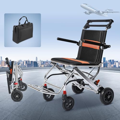 Lightweight Folding Wheelchair - Portable Travel Wheelchair With Hand Brake, Alloy Ultra Light Transport Chair for Adults, Elderly, Aircraft Travel - Supports 220Lbs (With Bag)