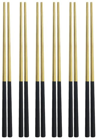 6 Paia di Bacchette da 23 cm in Acciaio Inossidabile 304 Quadrato Bacchette in Metallo Argento Cinese Bacchette riutilizzabili Utensili da Cucina (Color : Black Gold)