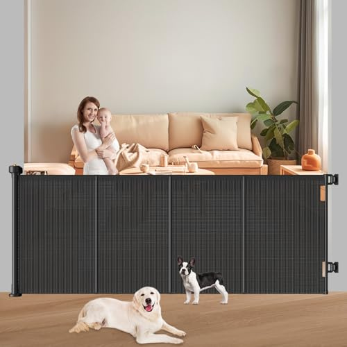 Pawtners Retractable Baby Gates Extra Wide, 41 Tall Extends up to 71 Wide, Dog Gate Indoor for Stairs, Pet Gate with Support Rods for Doorways Hallways Indoor & Outdoor-Black