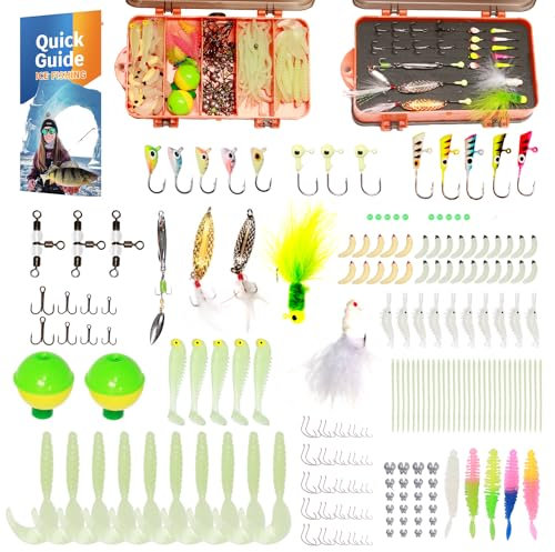 FONMANG 220-teiliges Eisangel-Jig-Set, inklusive im Dunkeln leuchtenden Angelködern und Eisangelausrüstung, geeignet für die Verwendung von lebenden Würmern und künstlichen Ködern