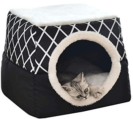 DOKLY KatzenhöHle Große Katzen Bett, GemüTlich Katzenkorb,Haustier Pet Nest Schlafsack 2 in 1 Faltbar Kuschelhöhle Für Komfortabel 35x33x30cm (L, Schwarz),Noir-35x33x30cm