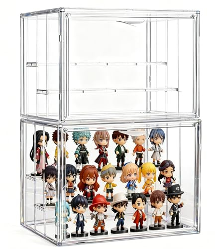 Attelite Acrylic Display Case for Collectibles, 3 Tier Figure Display Cases with 2 Movable Dividers, Clear Stackable Display Box Showcase with Magnetic Door for Action Figures