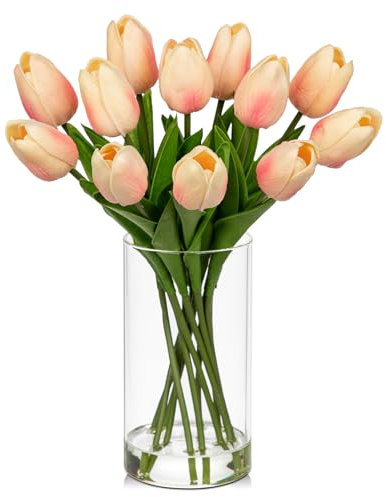 Hollyone 12PCS Fake Pink Tulips, Artificial Tulip Flowers in Glass Vase with Faux Water, 7.5 Real Touch Tulip Flowers Décor for Table Centerpiece Home Farmhouse Resto Wedding Decoration