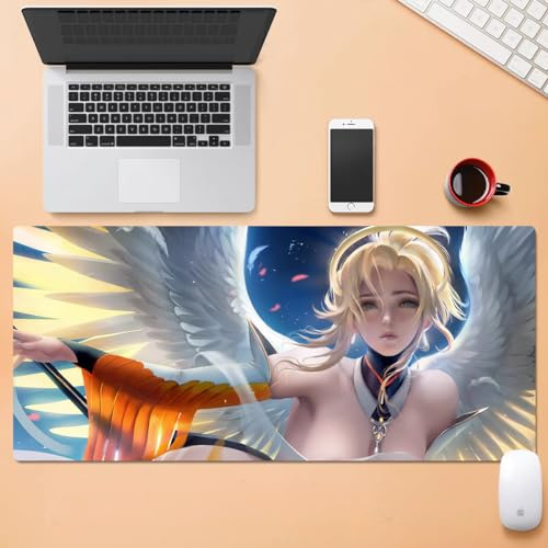 GeRRiTL Overwatch XXL-Gaming-Mauspad, groß, lang, ausziehbar, große volle Tastatur-Schreibtischunterlage für Computer, Laptop, Büro, rutschfest, gummierte Kanten (Mercy)