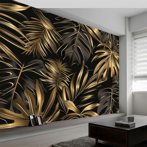 Papier Peint Panoramique Feuilles De Palmier De Plantes Tropicales, 200 x 140 cm (WxH) Poster Mural, Noir Et Or Peinture Murale pour Salon Chambre Chambre d'enfants restaurant Décoration Murale