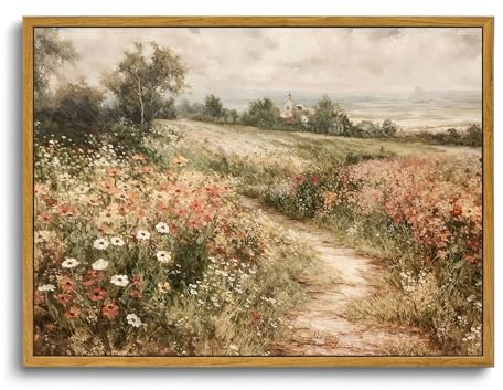 OIQArtOIQ Framed Canvas Wall Art,Vintage Decor,Landscape Nature Country Wildflower Paintings Farmhouse Pictures Modern Artwork Rustic Fall Flower Prints Cottagecore Office Living Room Bedroom Bathroom