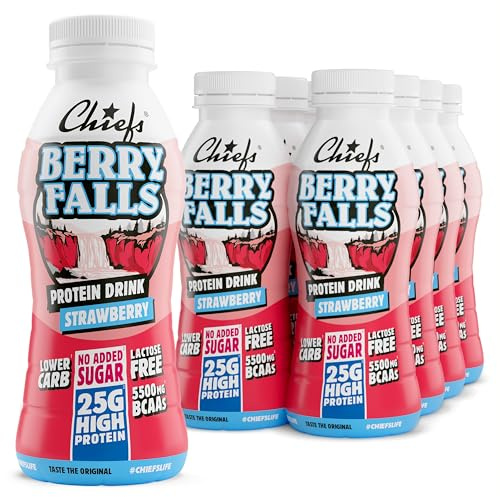 CHIEFS Ready-to-Drink, 8 x 330ml Bottles, 25g Strawberry Flavour Protein Shake, Meal Replacement Shake, Low Carb, No Added Sugar, High Protein Drink With Extra BCAAs, Gluten-Free Ready Meals