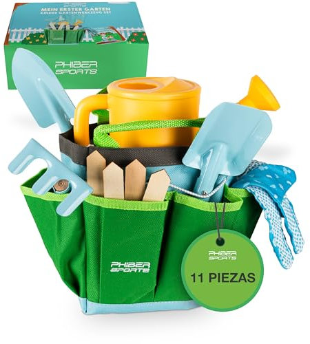 PHIBER-SPORTS Set di attrezzi da giardino per bambini (11 pezzi) - Attrezzi da giardinaggio per bambini dai 3 anni in su - Strumenti in metallo, annaffiatoio, guanti da giardinaggio, borsa