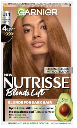 Garnier Nutrisse Hair Colour, Blonde Lift Hair Dye, Vegan, UL1 Chestnut Blonde Lift,100% Grey Coverage and 4 Levels of Lift, No-ammonia, Vegan for Rich, Subtle Chestnut Blonde Hues & Luminous Finish