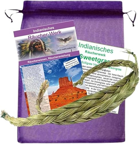 Sweetgrass Mariengras Süßgras Zopf zum räuchern 50-60cm [Smudge-Braid Braiding] Feiner vanilliger Duft. Ideal für energetische Hausreinigung, Rauhnächte. Mit Booklet & Täschchen. 81233-1SW