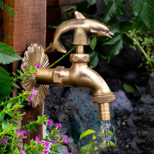 DKPLOE Wasserhahn Garten Vintage Wasserhahn Wand Wasserhahn Geeignet für Gartenbewässerung Autowaschen Baden von Haustieren(Golden Dolphin)