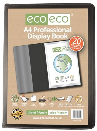 eco-eco Eco139 Profi-Buch, A4, 50% recycelt, 20 Taschen, gepolstert, Kunstmappe mit Kunststoffhüllen, Schwarz