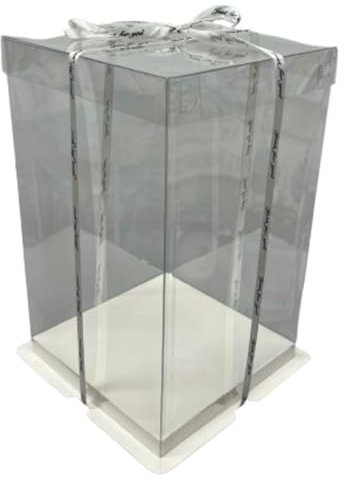 Clear Cake Box, Empty Transparent Gift Box With White Base and Lid, 17x17x28 cm Tall Cake Gift Packaging Carrier Box for Birthdays, Weddings & Parties
