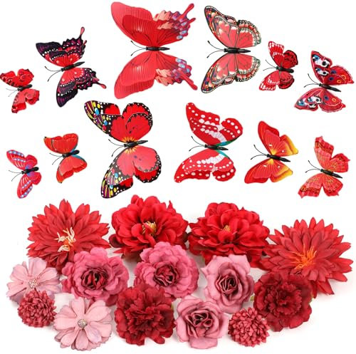 MWOOT 26 Pieces Fleurs Artificielles Papillons 3D, Têtes de Fleurs Rose Œillet Artificielles, Petite Fausse Fleur Deco pour DIY Gâteau Bouquet Couronne Mariage Fête Maison Jardin Artisanat(Rouge)