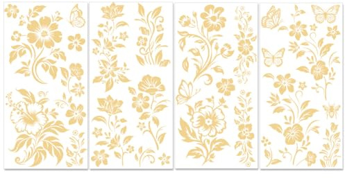 PLIGREAT 4 Blätter Gold Floral Rub auf Transfers für Handwerk Monochrome Blumen Möbel Transfer Papier Wasserdicht reiben auf Aufkleber Aufkleber für DIY Holz Kommoden Scrapbooking Zuhause Dekorativ