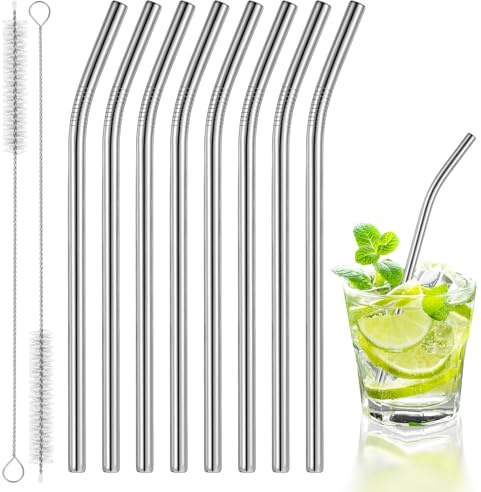 8 Stk Strohhalme Edelstahl 304 Trinkhalme 12.5x0.6cm Wiederverwendbar Gebogen Cocktail-Trinkhalme aus Metall, Kurz Trinkhalme für Glasbecher mit 2 Reinigungsbürsten, für Cocktails, Säfte