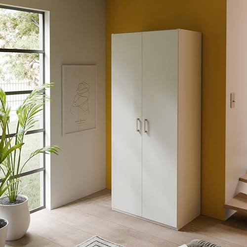 FORTE ECONOBOX 2 Kleiderschrank 90, Klassischer Drehtürenschrank mit 2 Türen, Holzwerkstoff, Weiß, 88,9 cm breit, 210,5 cm hoch, 54,2 cm tief