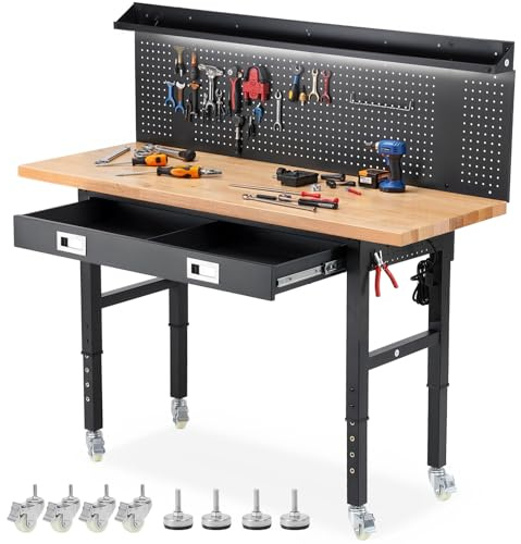 ENJOYWOOD Workbench with Wheels 60 x 22 Inch Heavy Duty Rubber Wood Tabletop Work Bench with Pegboard, Drawers, Power Outlets Adjustable Height Work Table for Woodworking Shop, Home, Office