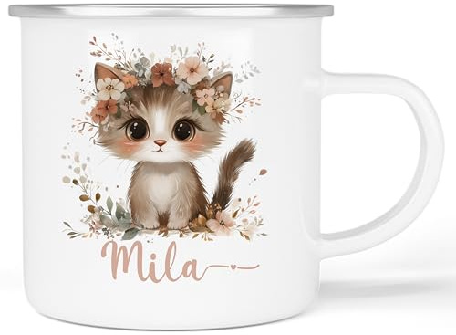 C-CREATION STUDIOS® Emaille Tasse mit Wunschname I bruchsicher I bruchsichere Kindertasse | Mädchen Freundin Pony Einhorn Katze Löwin I (Katze)