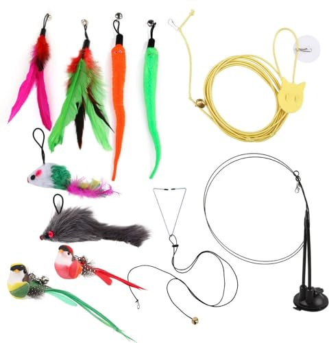 Casbomy Interaktives Katzenspielzeug, 11 Stück Vogelspielzeug für Katzen, Fliegendes Katzenspielzeug Vogel Cat Toys, Katzenangel mit Saugnapf Federn, Interaktives Spielzeug für Katzen