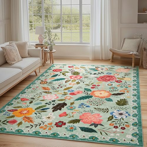 Puremy Waschbarer Wohnzimmerteppich Vintage Blumenmuster, 140x200cm, Grün | Teppich Niedriger Flor, Rutschfest, Weiche, Groß Teppiche für Wohnzimmer Schlafzimmer Bauernhaus Esszimmer und Kinderzimer