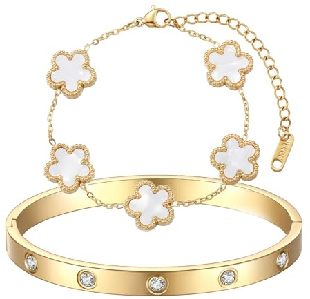 LIUYIDM Klöver armband gyllene fembladig klöversmycken armband guld eleganta tillbehör guldarmband, lyckosymbol presenter för vardagen, födelsedagar, bröllop, X-Large, Rostfritt stål, Amazonit