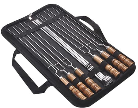 Lot de 10 pics à brochettes en métal, ustensiles de barbecue plats avec poignées en bois en acier inoxydable pour viande, steaks, poulet