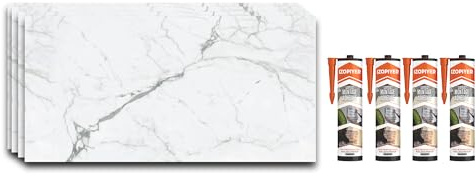 IZODEKOR SPC Panneau mural aspect marbre blanc 60 x 120 cm, 4 pièces + 4 adhésifs, paroi arrière de cuisine, imperméable, résistante à la chaleur, protection anti-éclaboussures, revêtement mural en