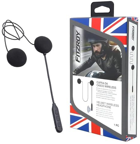 FITZROY Cuffia Bluetooth Moto per 1 Casco - Audio Hi-Fi e Chiamate Chiaro - Cancellazione Rumore ENC - Connessione 2 Telefoni Simultaneamente - Batteria 40h - Compatibile Caschi Jet/Integrali - IPX5