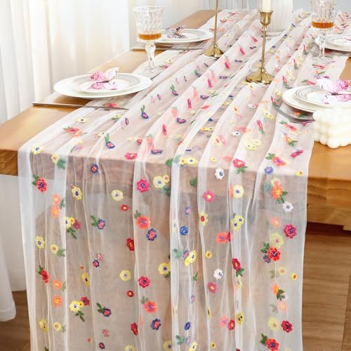 Tüll Stickerei Tischläufer Weiß 72X300cm Käsetuch Tischläufer Chiffon | Blumen Tisch Dekoration Gaze Käsetuch Tischdecke Gänseblümchen Table Runner Küche Drinnen Party Geburtstag Tischdeko
