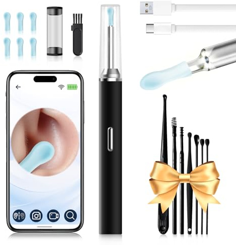 Ohrenschmalz Entferner Otoskop, Robofun Ohrenreiniger Mit Kamera, 1000W HD WiFi 360°-Weitwinkel Ohrreiniger mit 6 LEDs für iPhone, iPad und Android-Smartphones, für Baby Kinder Erwachsene (Schwarz)