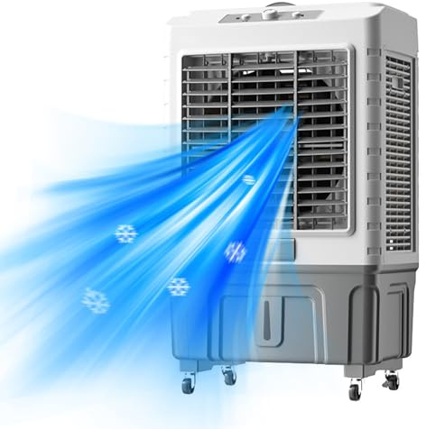 Ventilador enfriador de aire evaporativo con oscilación de 120°, tanque de 55 litros, 3 velocidades para una refrigeración eficiente en grandes espacios