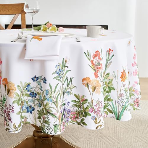 FIBORIA Tischdecke Rund 140 cm Frühling Outdoor Wetterfest runde Ostertischdecke Table Cloth Gartentischdecken mit Blumen,abwaschbar & wasserabweisend für Balkon,Terrasse,Ferien,Fest,Party,Picknick