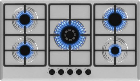 BAKAJI Piano Cottura in Acciaio Inox e Ghisa con 5 Bruciatori e Manopole a Ponticello per Controllo Ergonomico, Bruciatore a Gas per Cucina Facile da Pulire, Griglie Lavabili e Rimovibili, 90 x 55 cm