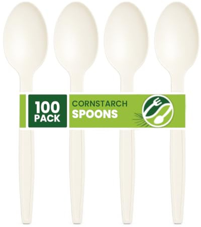 Cornstarch Spoons 100 Pack | Biodegradable Eco-Friendly Disposable Cutlery 7” (18cm) | Heavy-Duty, Compostable & Plastic-Free | Ideal for Parties, Picnics & Desserts