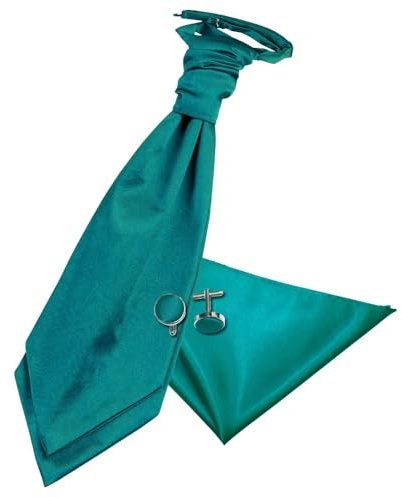 DQT Herren Einfarbig Satin Hochzeit Krawattenschal, Einstecktuch und Manschettenknöpfe Set - Teal