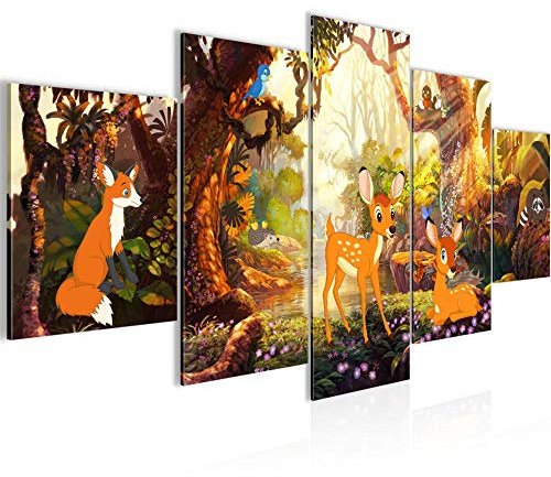 Runa Art Bild Babyzimmer Spielzimmer Kinderzimmer Wald 5 Teilig Waldtiere Gelb Wandbilder auf Vlies Leinwand 022753c