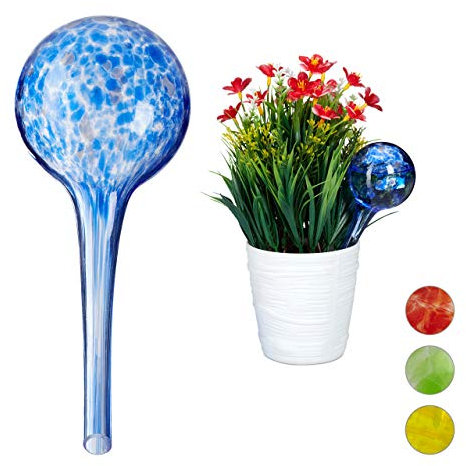 Relaxdays Watering Globes Set of 2, Regulated Irrigation for Plants and Flowers, Office & Holiday Watering Aid, Glass, Blue