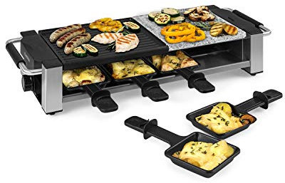 Klarstein Bistecca – raclette-grill, 1 200 watt, 2-i-1: non-stick belagd metall grillplatta & naturstensplatta, uppvärmning av rostfritt stål, reglerbar termostat, silver