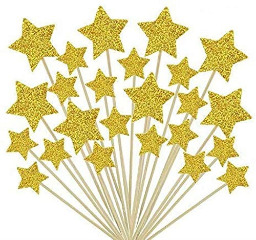 Decorazioni per Torte,50 Pack Toppers Cupcake Decorazioni Glitter Forma di Stella Cake Toppers Star per Matrimoni Compleanni Parti Fruit Oro 9.2CM