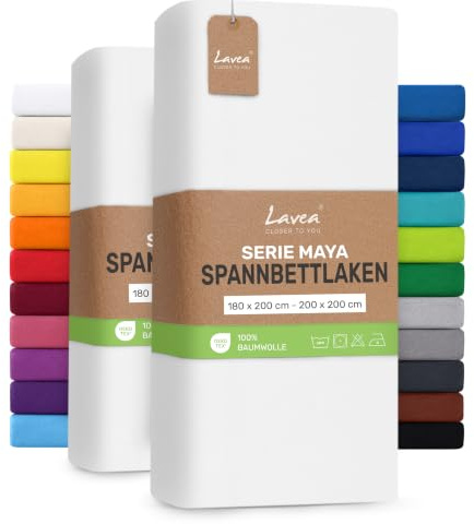 Lavea® Set 2 Lenzuola con Angoli Matrimoniale 180x200 cm - 100% Cotone Morbido e Traspirante - per Materassi alti fino a 20 cm - con Elastico in Jersey - Bianco
